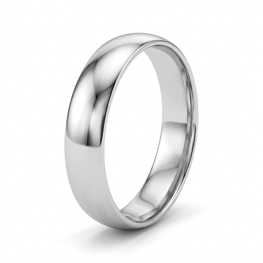 G400 polished white gold wedding band, three-quarter view on white background