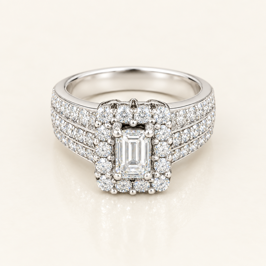 Front three-quarter view of white gold emerald-cut diamond halo engagement ring