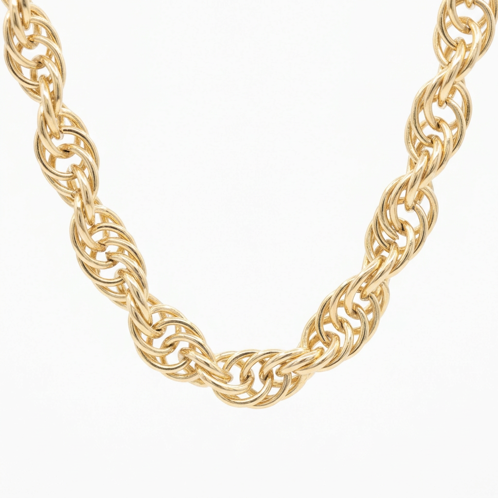 Close-up of the open overlapping links of a 14K yellow gold Prince of Wales chain