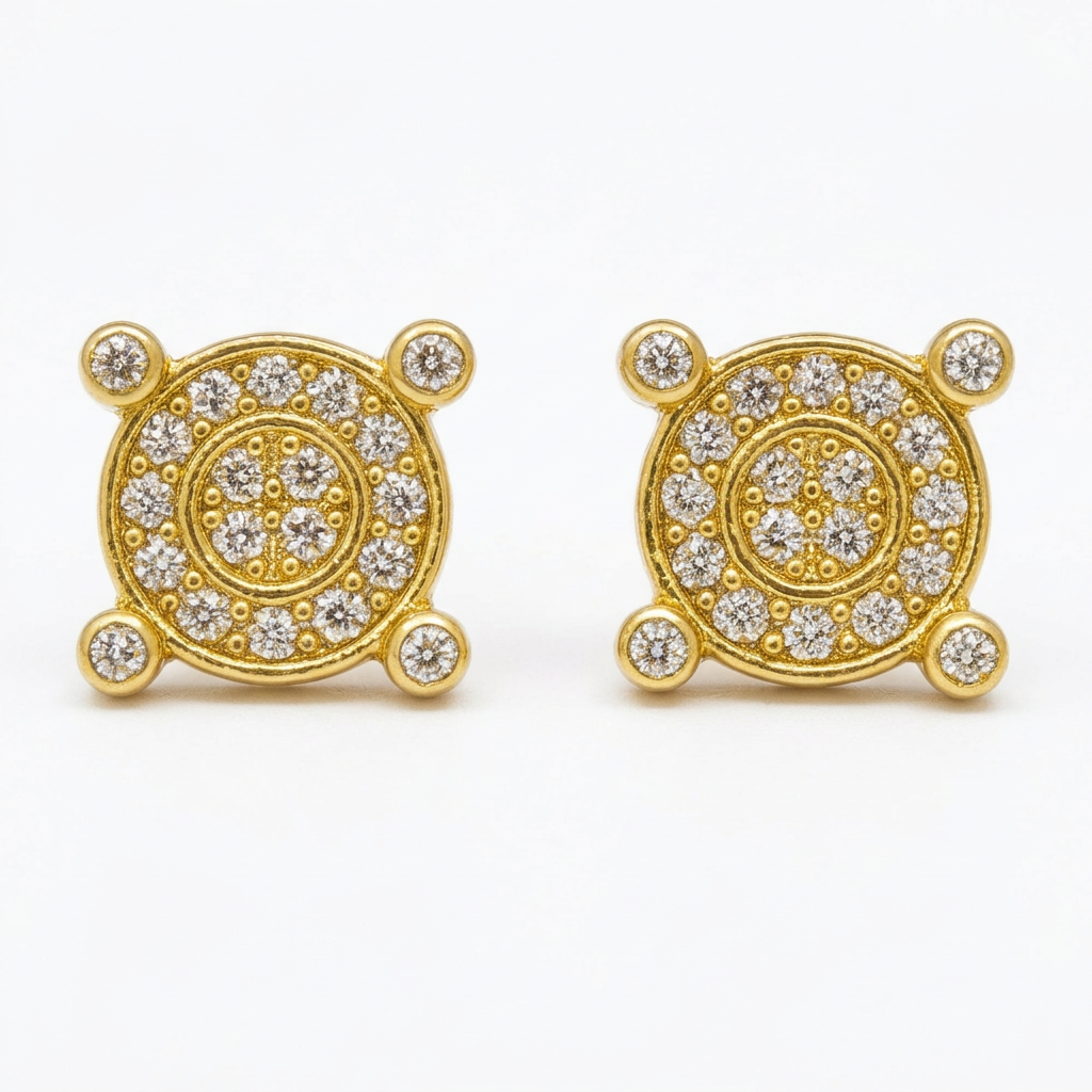 14K yellow gold diamond compass stud earrings pair on white background