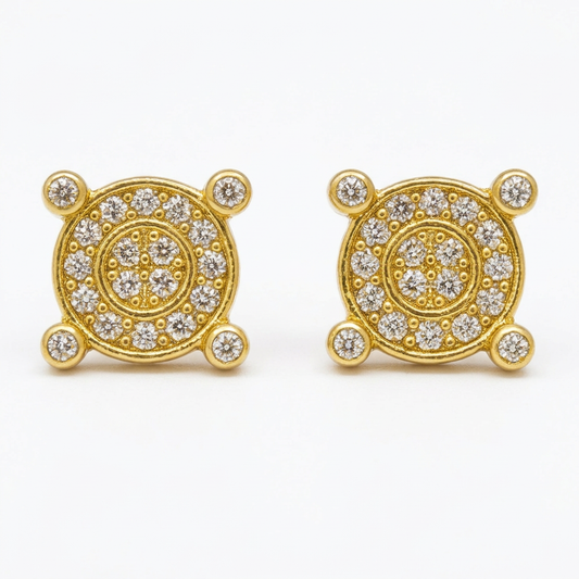 14K yellow gold diamond compass stud earrings pair on white background