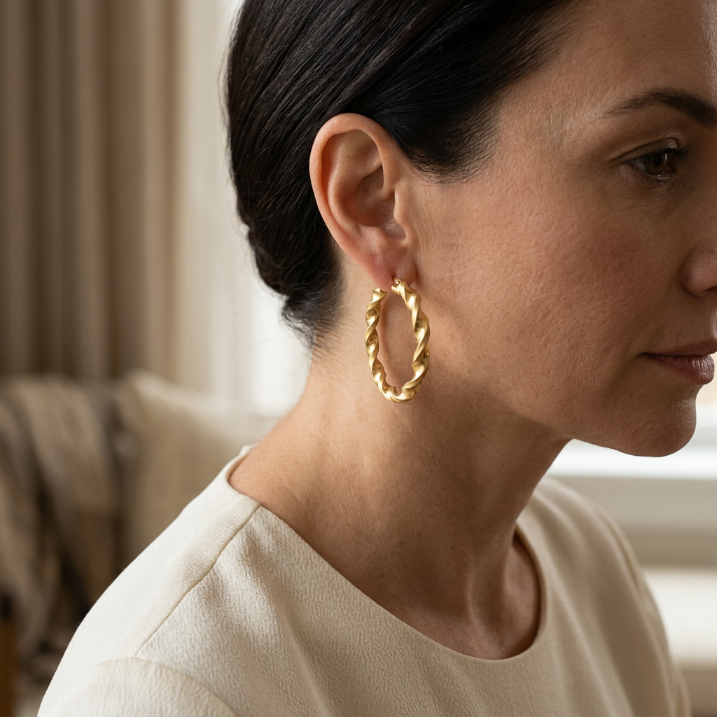Lifestyle view of a woman wearing a yellow gold twisted hoop earring