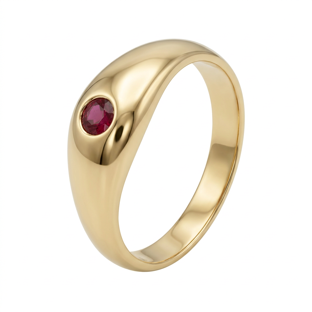 Side view of yellow gold ruby ring with tapered shoulders