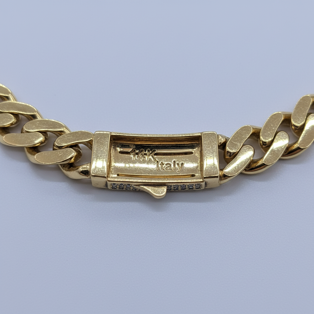 14K Yellow Gold Cuban Link Chain diamond clasp macro detail shot