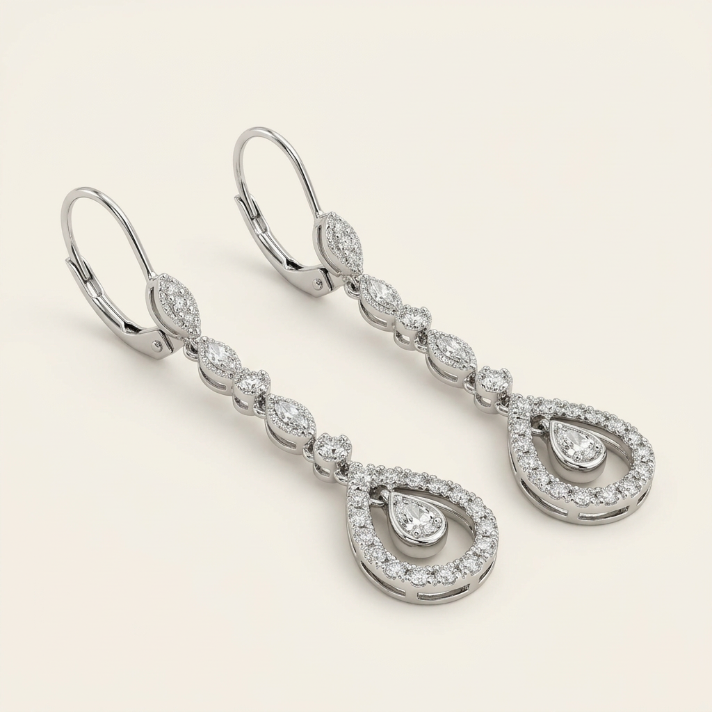 Angled studio view of white gold diamond teardrop earrings