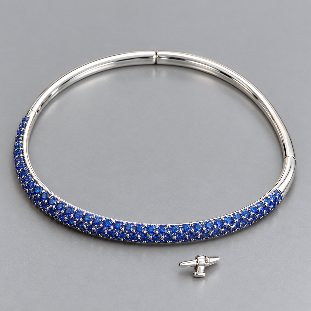 Close-up of blue sapphire pavé set across a 14K white gold bangle
