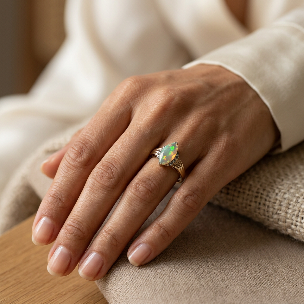 R260 yellow gold marquise ring worn on a hand in natural light
