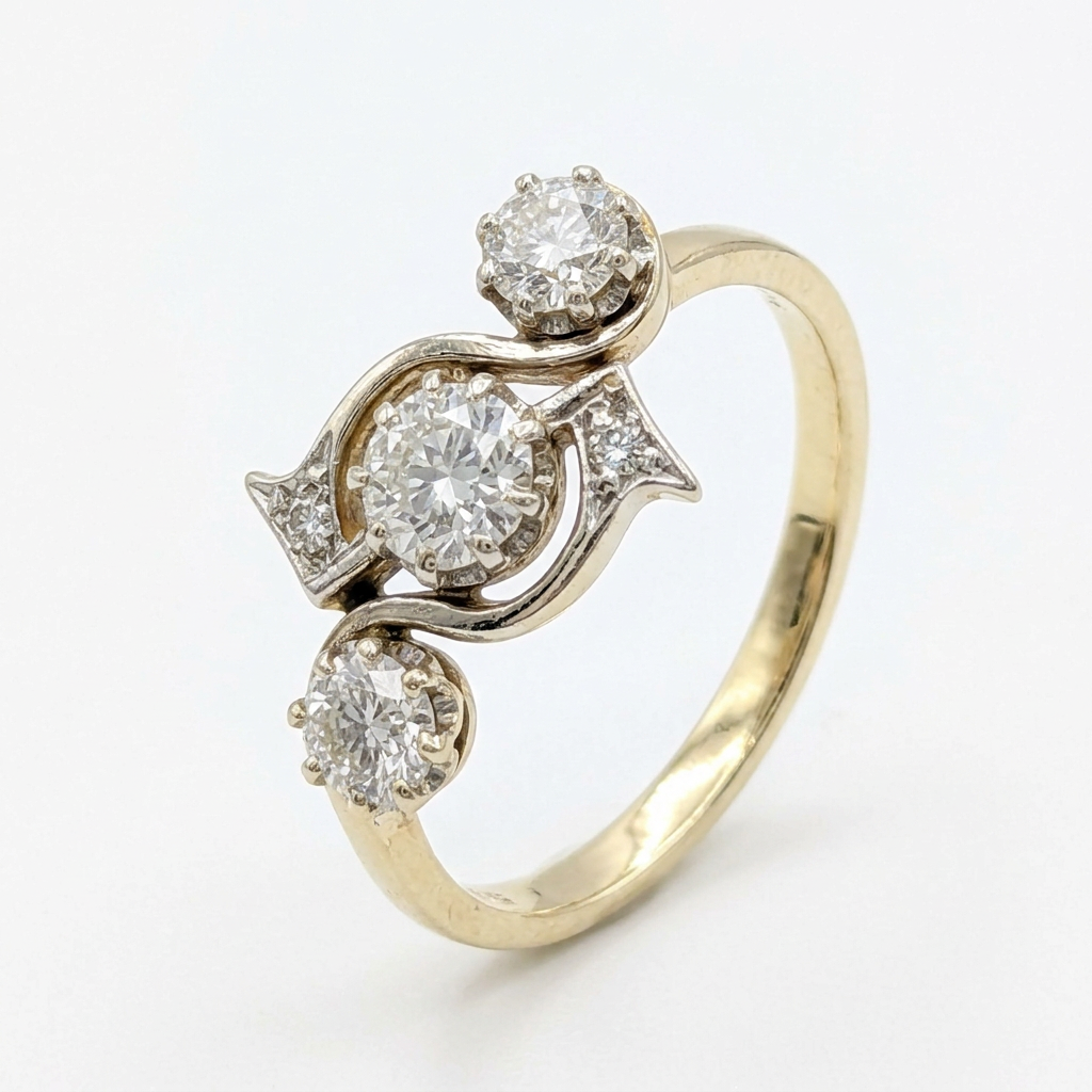 R2448 14K yellow gold three-diamond swirl ring, three-quarter studio view