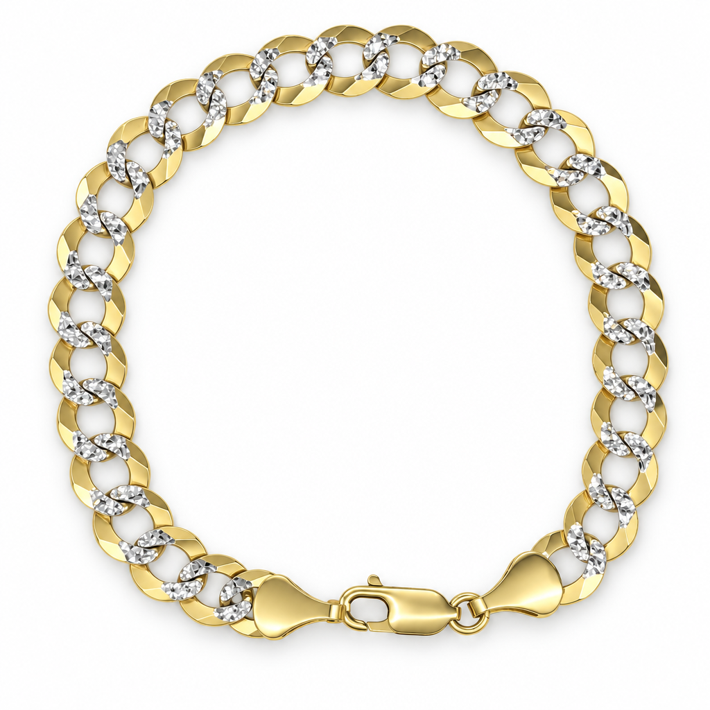 14K yellow gold diamond-cut curb link bracelet in an oval on white