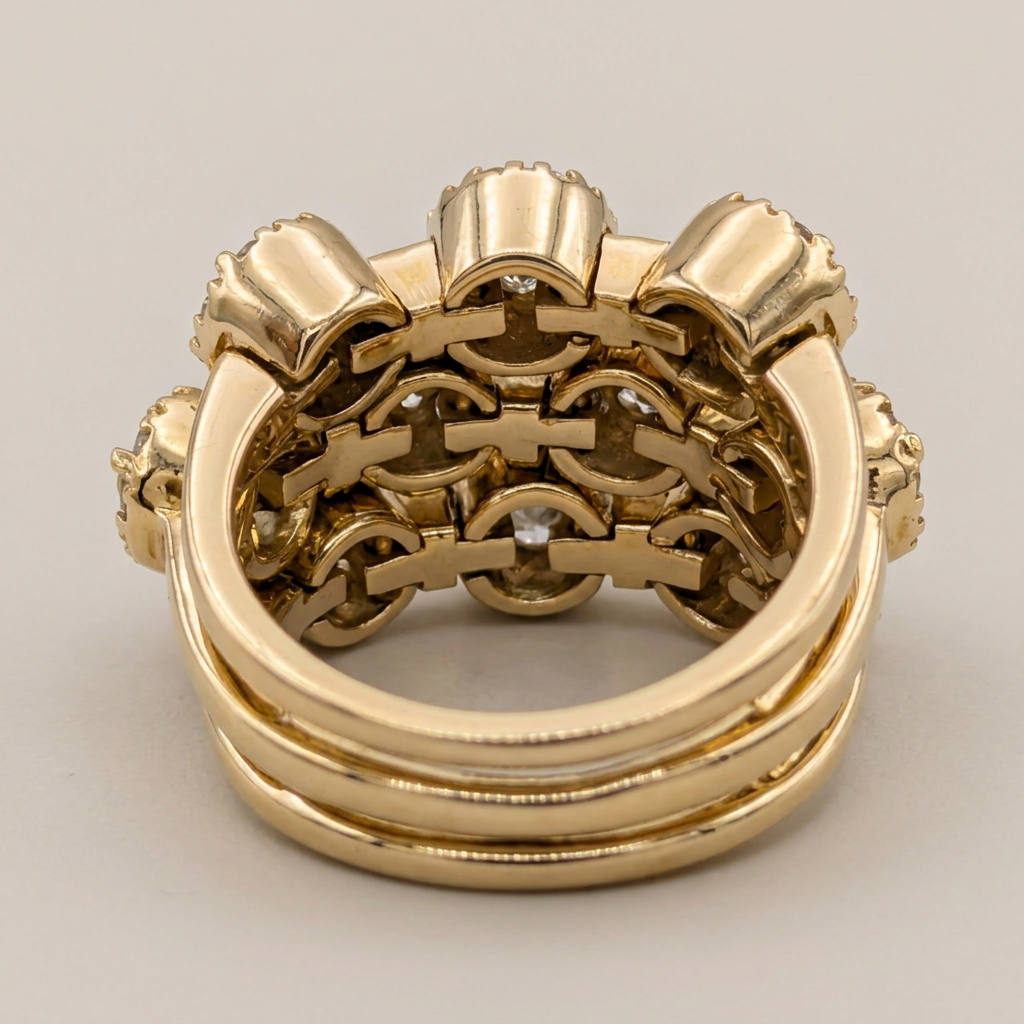 Underside view showing articulated setting construction of the Diamonds in Motion ring