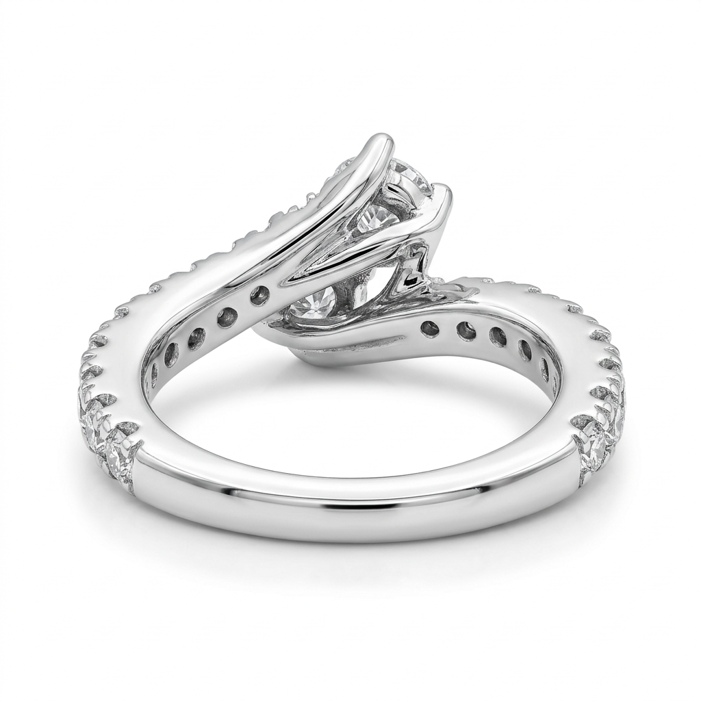Side profile of R2420 white gold diamond ring showing elevated prong settings