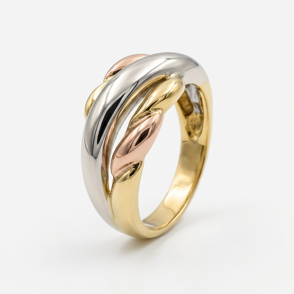 G147 tri-tone gold ring upright showing white gold sweep and rose and yellow gold details