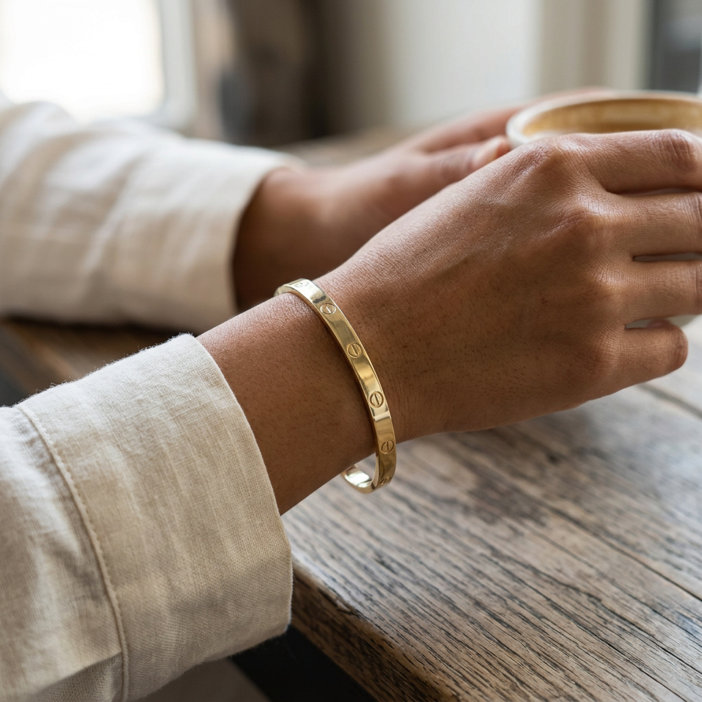 Slim yellow gold screw-motif bangle worn on wrist
