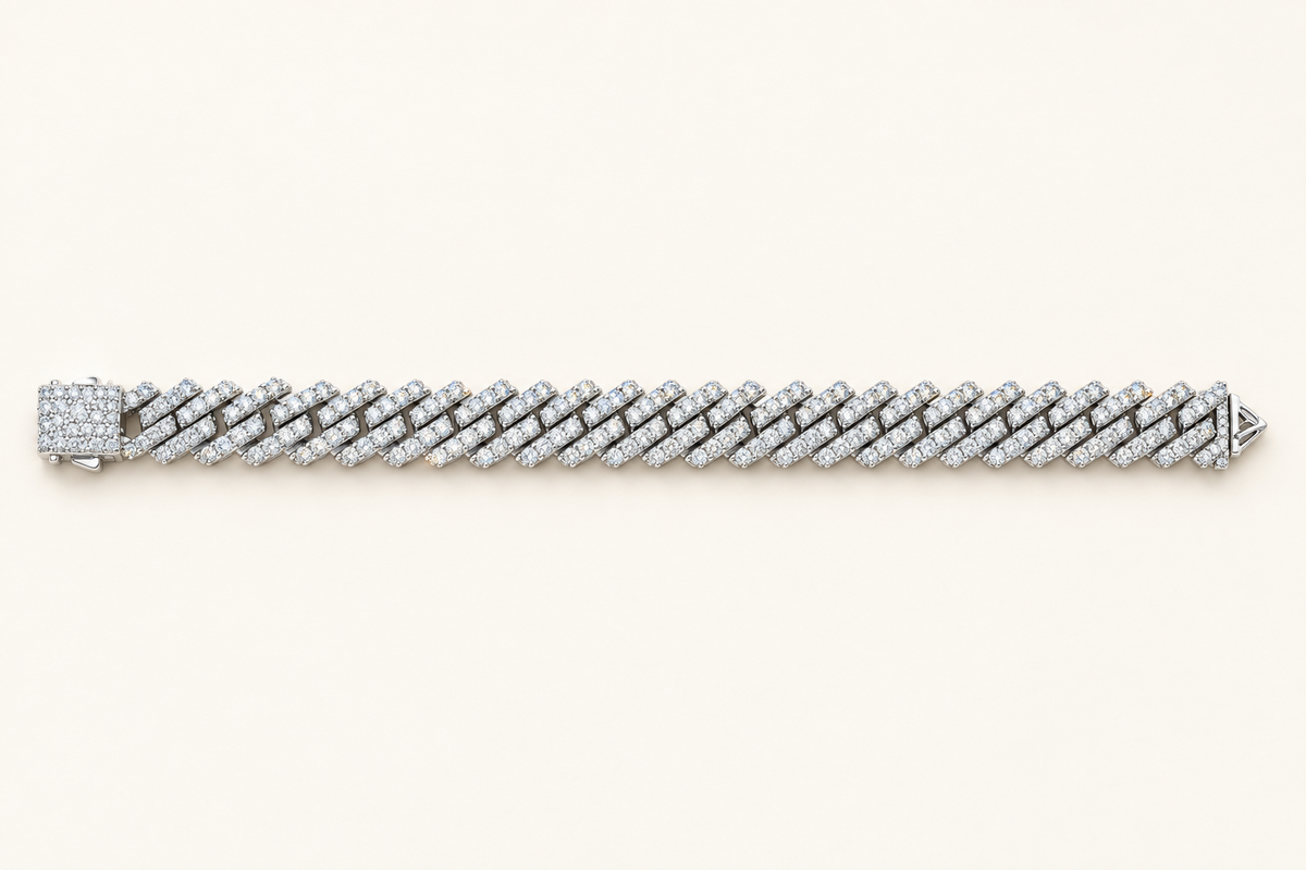 Full-length view of the 8.5-inch white gold diamond bracelet showing diagonal pavé links.