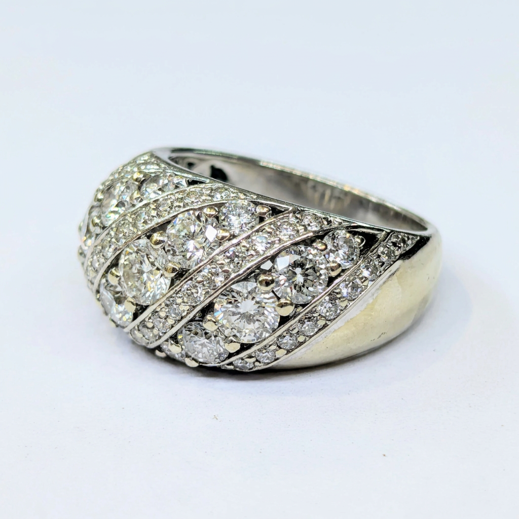 14K white gold diamond swirl cocktail ring, front three-quarter view