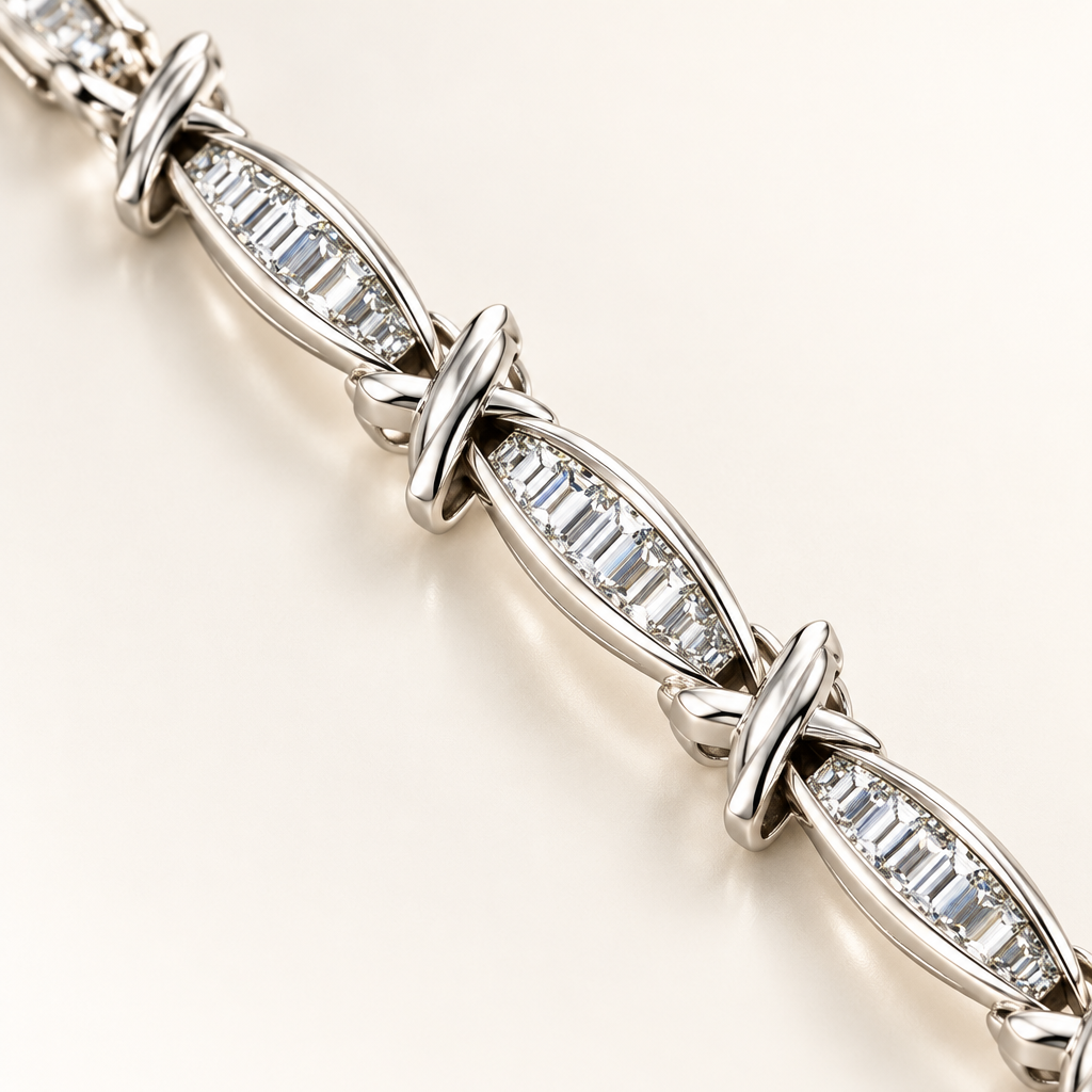 Close-up of baguette diamond links and polished white gold X-shaped connectors
