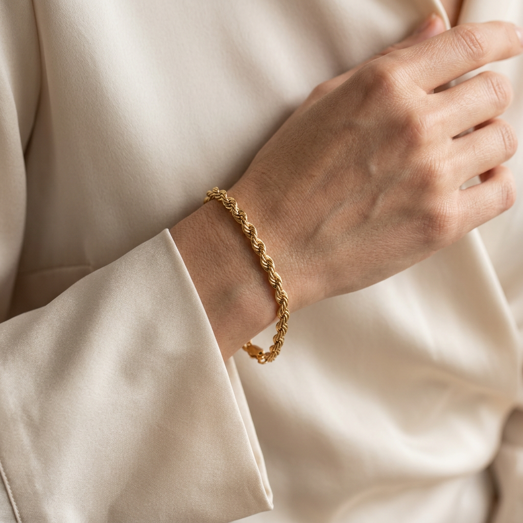 3.95mm yellow gold rope bracelet styled on a wrist with cream sleeve