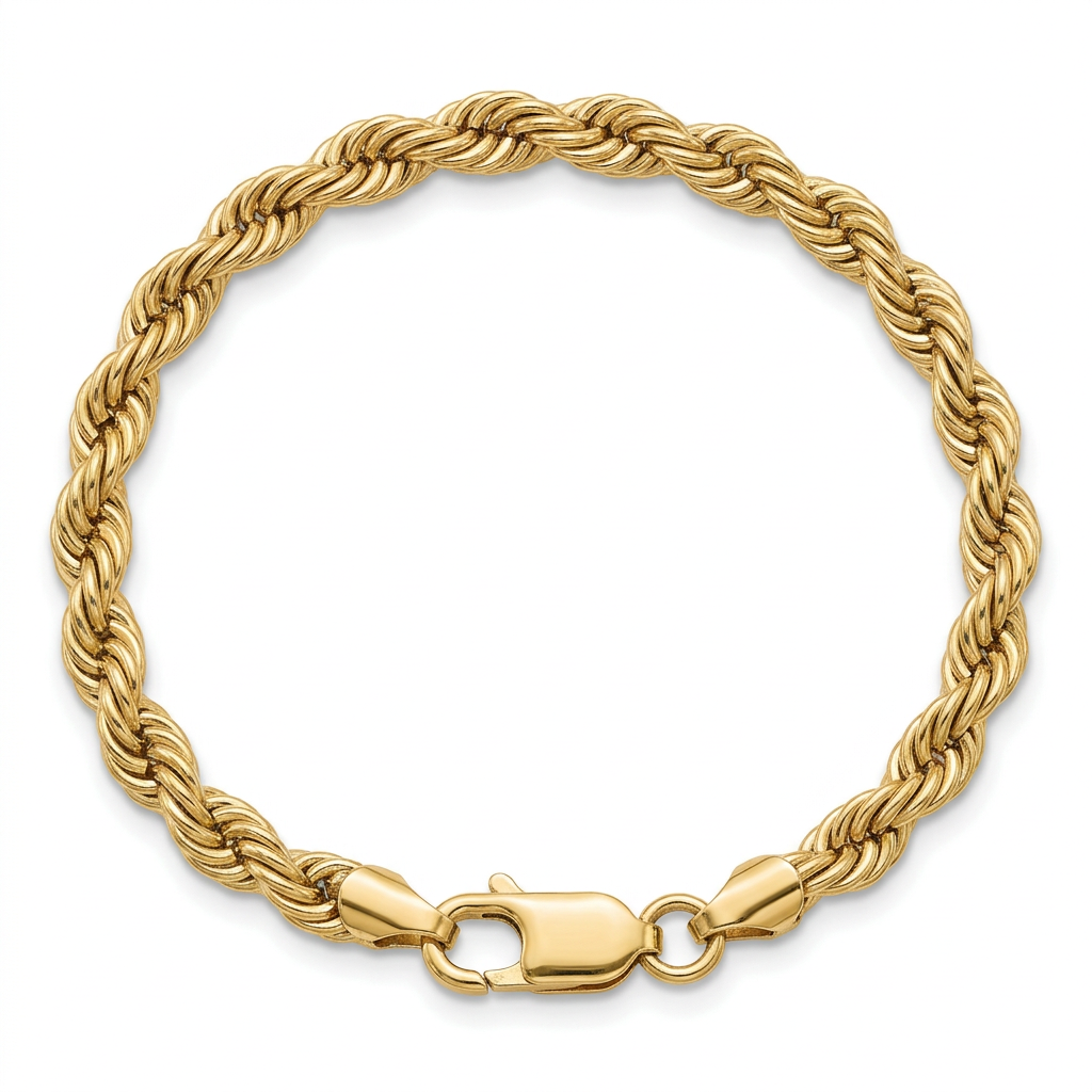 14K yellow gold rope link bracelet with lobster clasp on white background