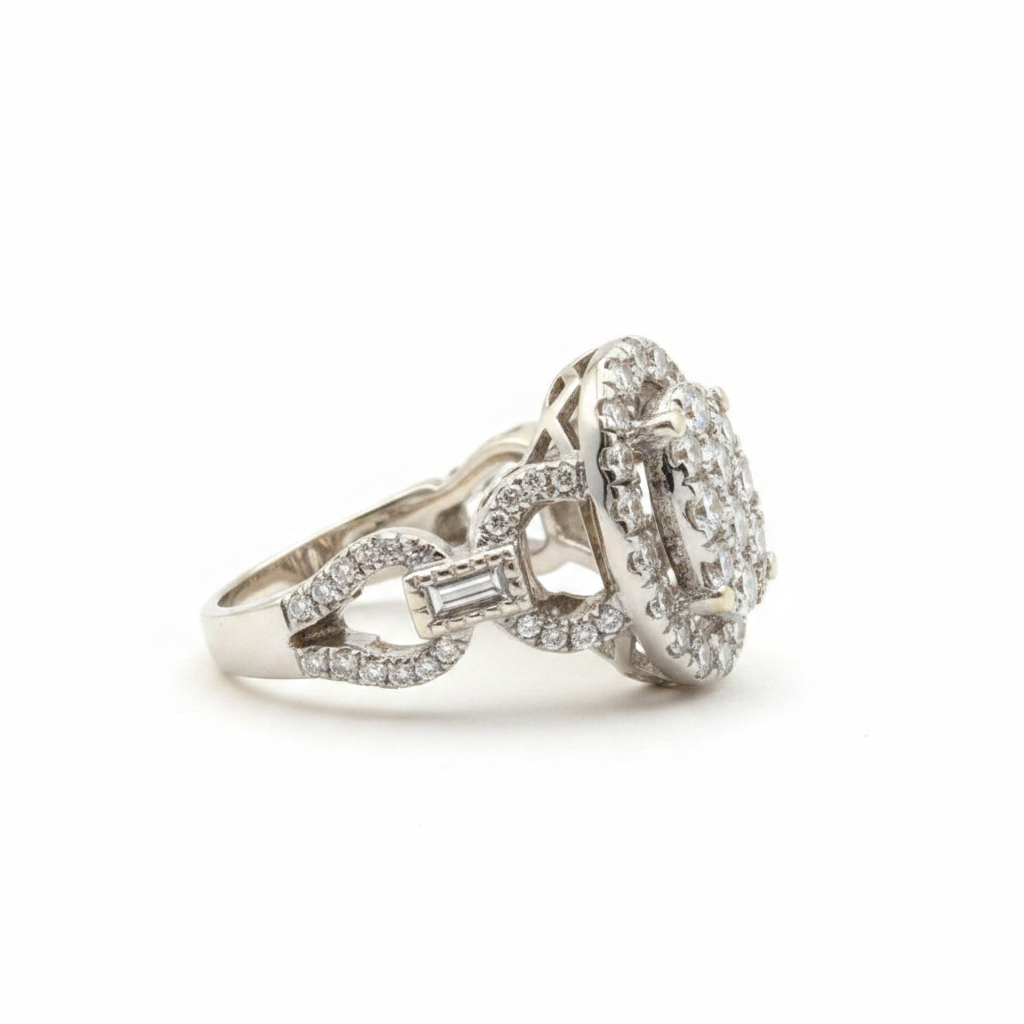 14K White Gold Oval Diamond Cluster Ring – side editorial