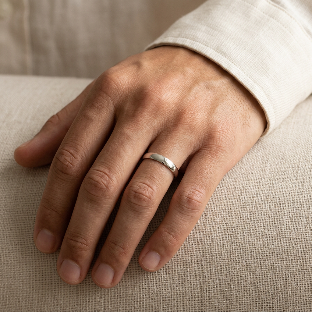 G400 white gold wedding band worn on a hand for scale