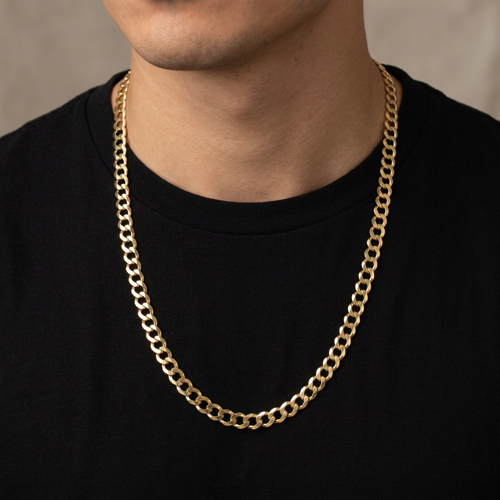 24-inch yellow gold curb necklace worn with a black crew neck shirt