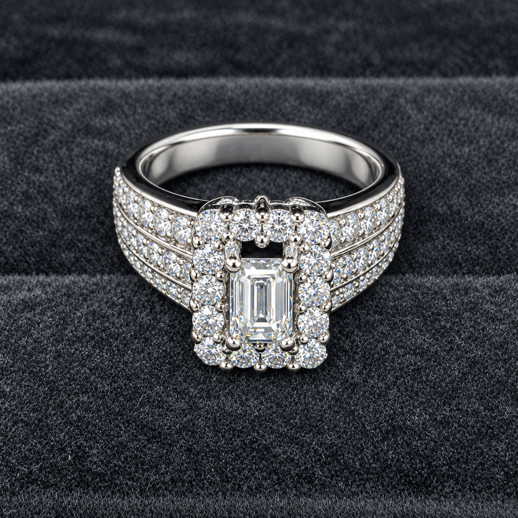 Overhead detail of emerald-cut diamond halo engagement ring