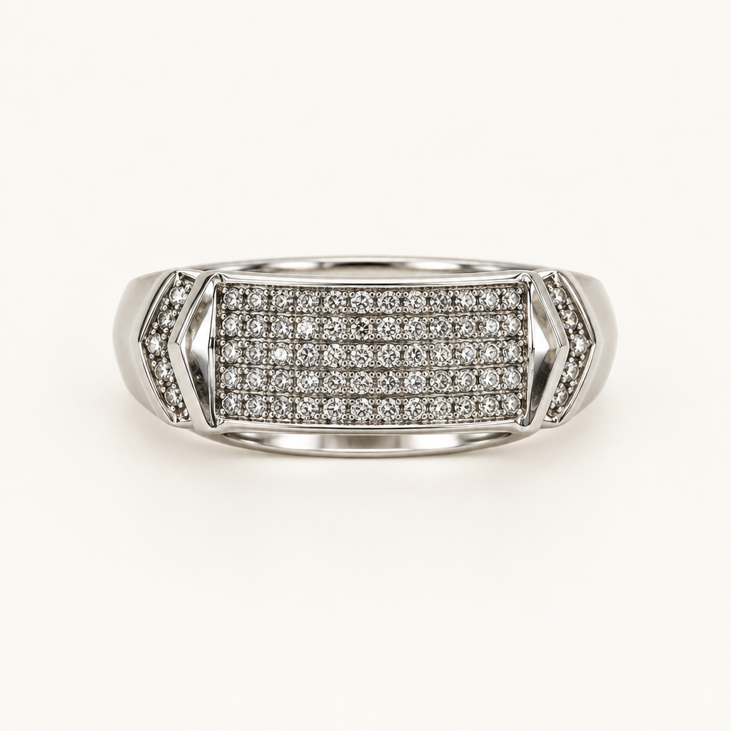 Front detail of rectangular diamond-set face and polished accents