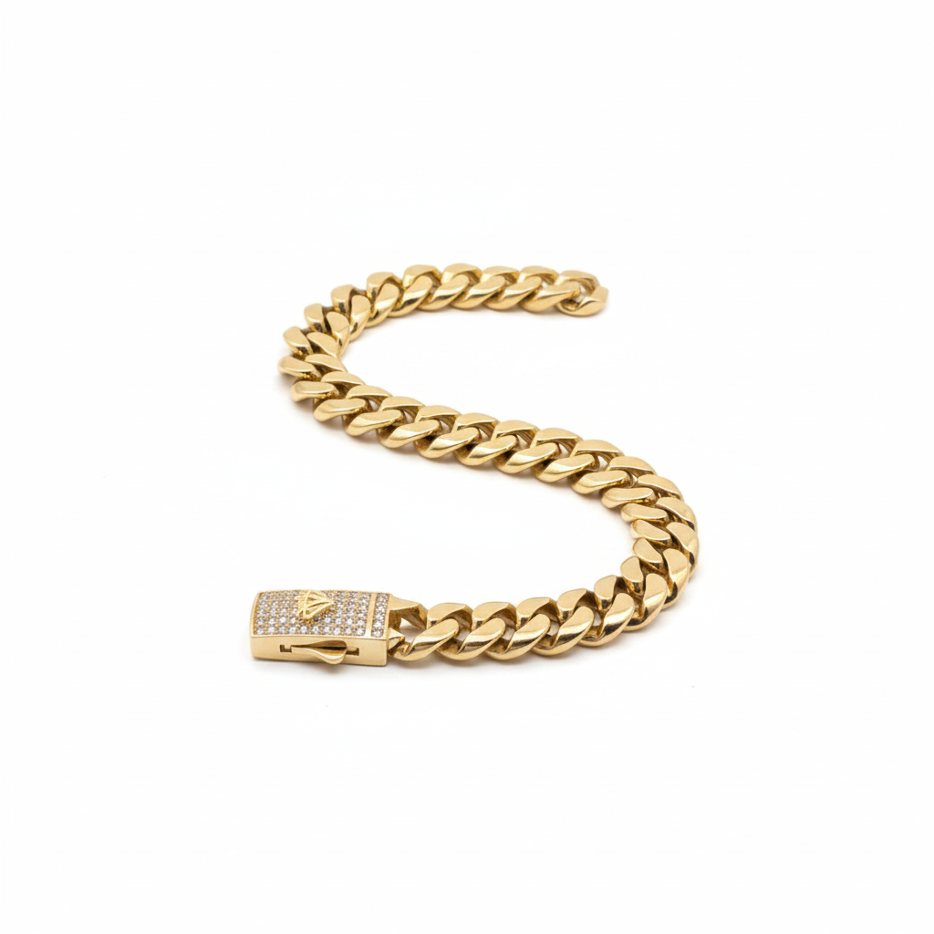 10K yellow gold Cuban link bracelet with CZ clasp on a white background