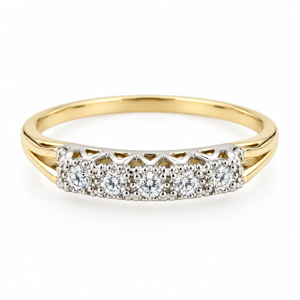 14K yellow gold five-stone diamond band, front view