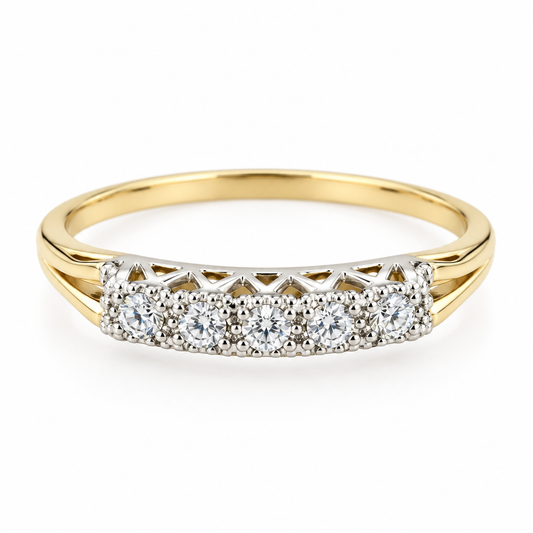 14K yellow gold five-stone diamond band, front view