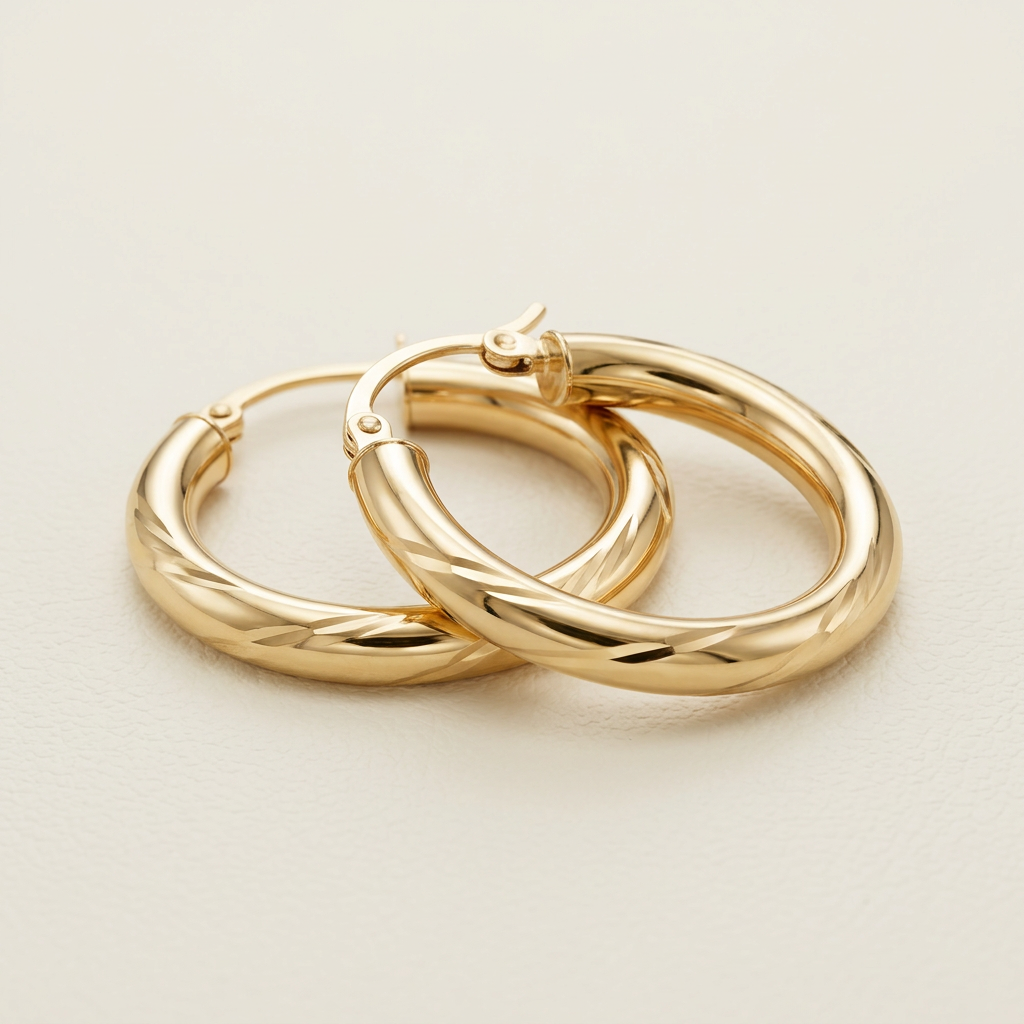 Alternate angle of G448 yellow gold hoop earrings