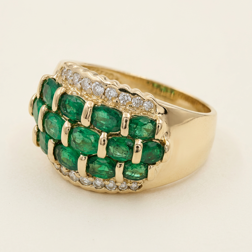 Three-quarter view of emerald rows and diamond borders on G096 gold ring