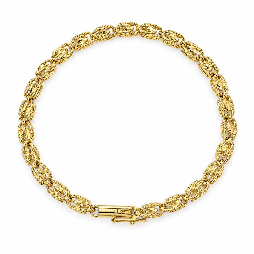 Full view of a 14K yellow gold Turkish-style link bracelet arranged in an oval, showing repeating textured oval links and bar-and-toggle clasp