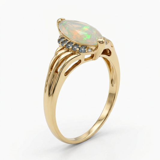 R260 10K yellow gold marquise opalescent ring in three-quarter studio view
