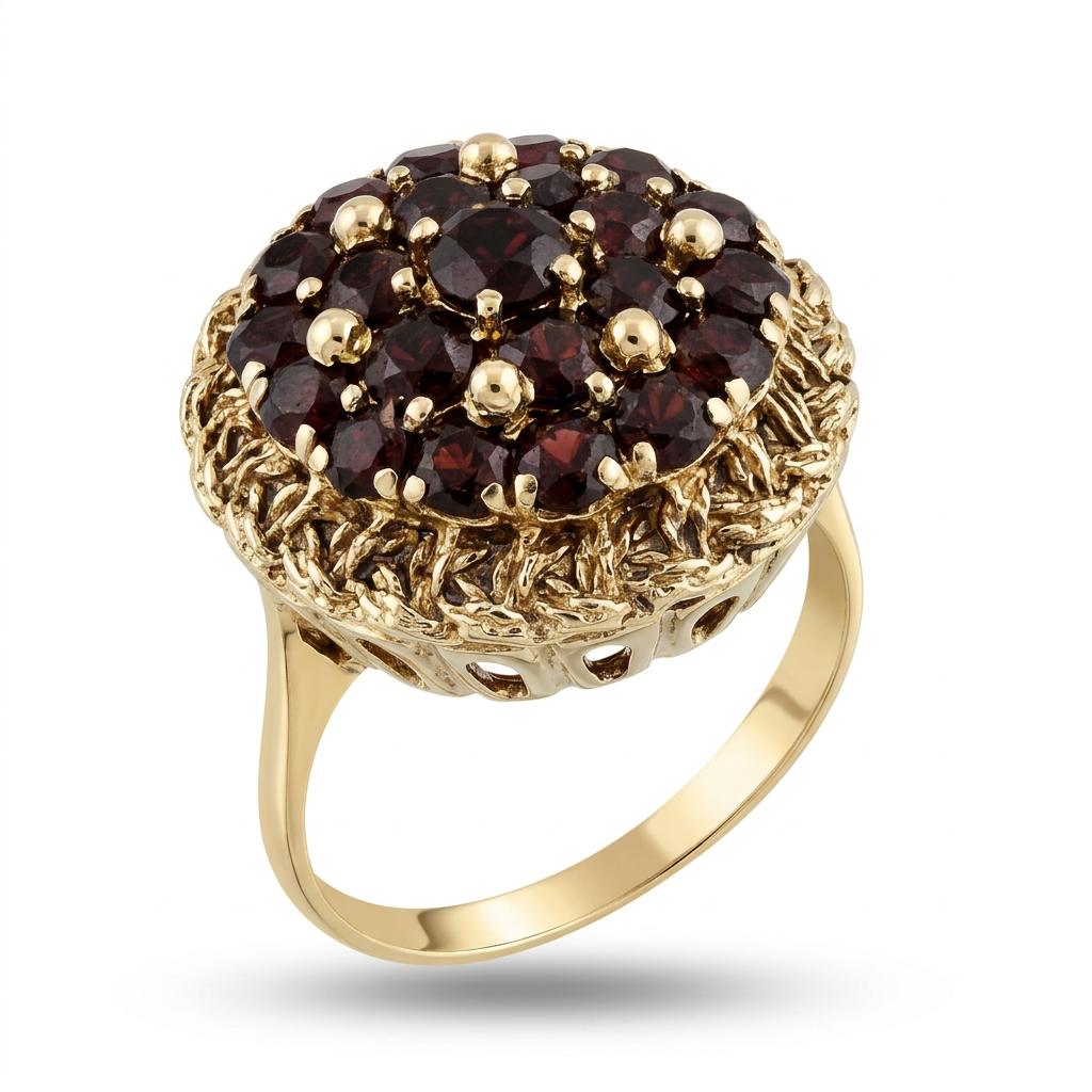 G100 14K yellow gold garnet oval cluster ring, three-quarter view