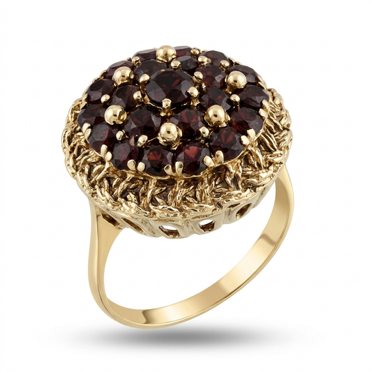 G100 14K yellow gold garnet oval cluster ring, three-quarter view