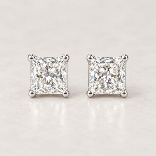 Pair of square lab-grown diamond stud earrings in four-prong 14K white-gold settings, front view