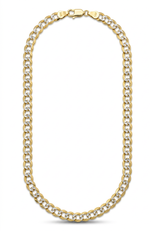 14K yellow gold diamond-cut curb necklace presented in an elongated oval on white