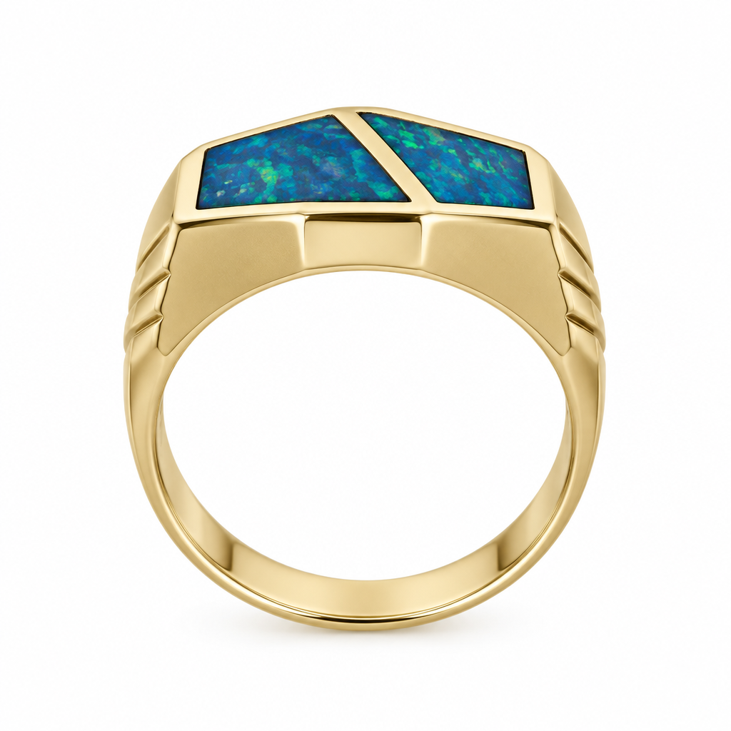 14K yellow gold signet ring with two blue-green opal inlays and diagonal gold divider