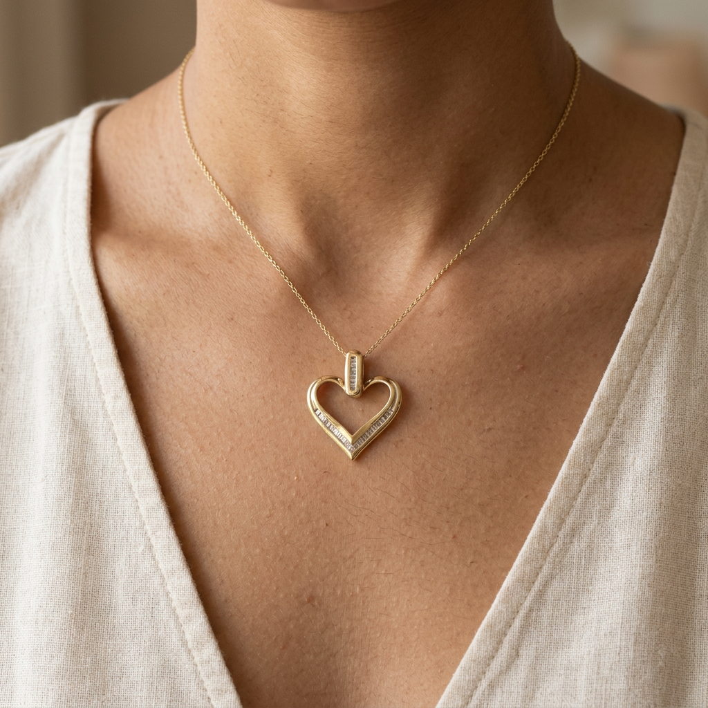 Diamond heart pendant styled on a fine chain, lifestyle view
