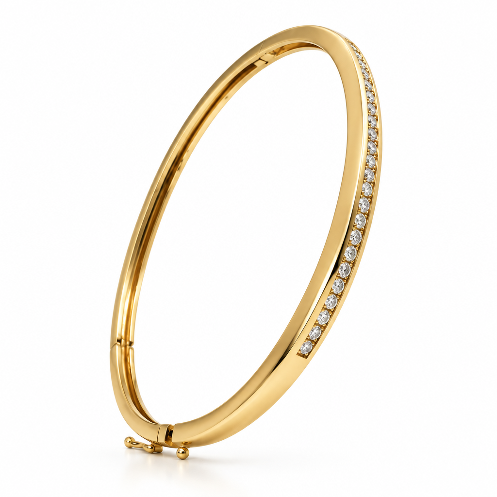 14K yellow gold diamond bangle bracelet on white background