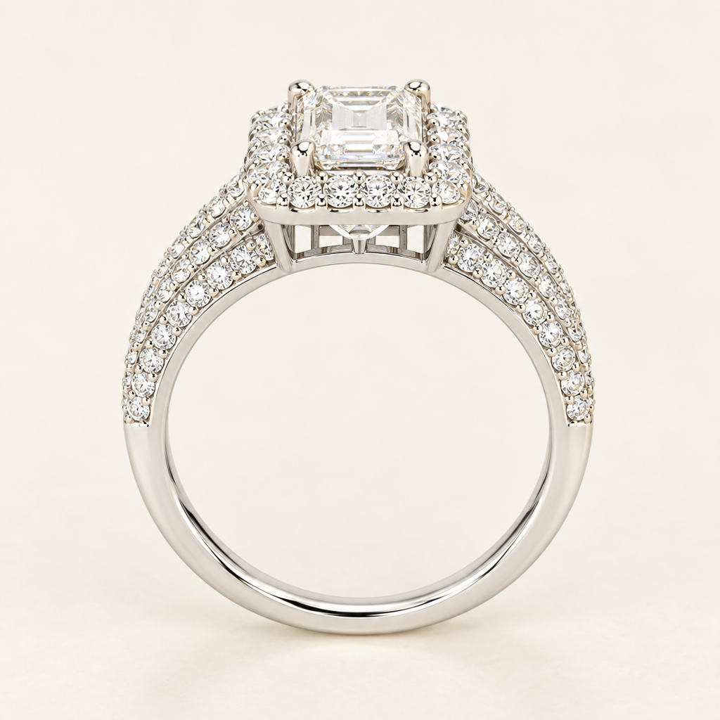 Side profile of diamond engagement ring with pavé shoulders