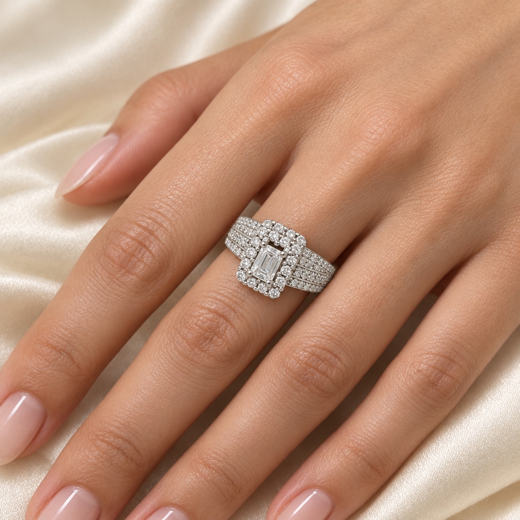 Diamond engagement ring worn on a hand in lifestyle setting