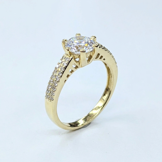 G103 14K yellow gold round CZ ring with accented shoulders, three-quarter view