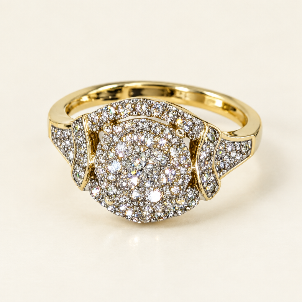 Three-quarter view of yellow gold diamond cluster halo ring