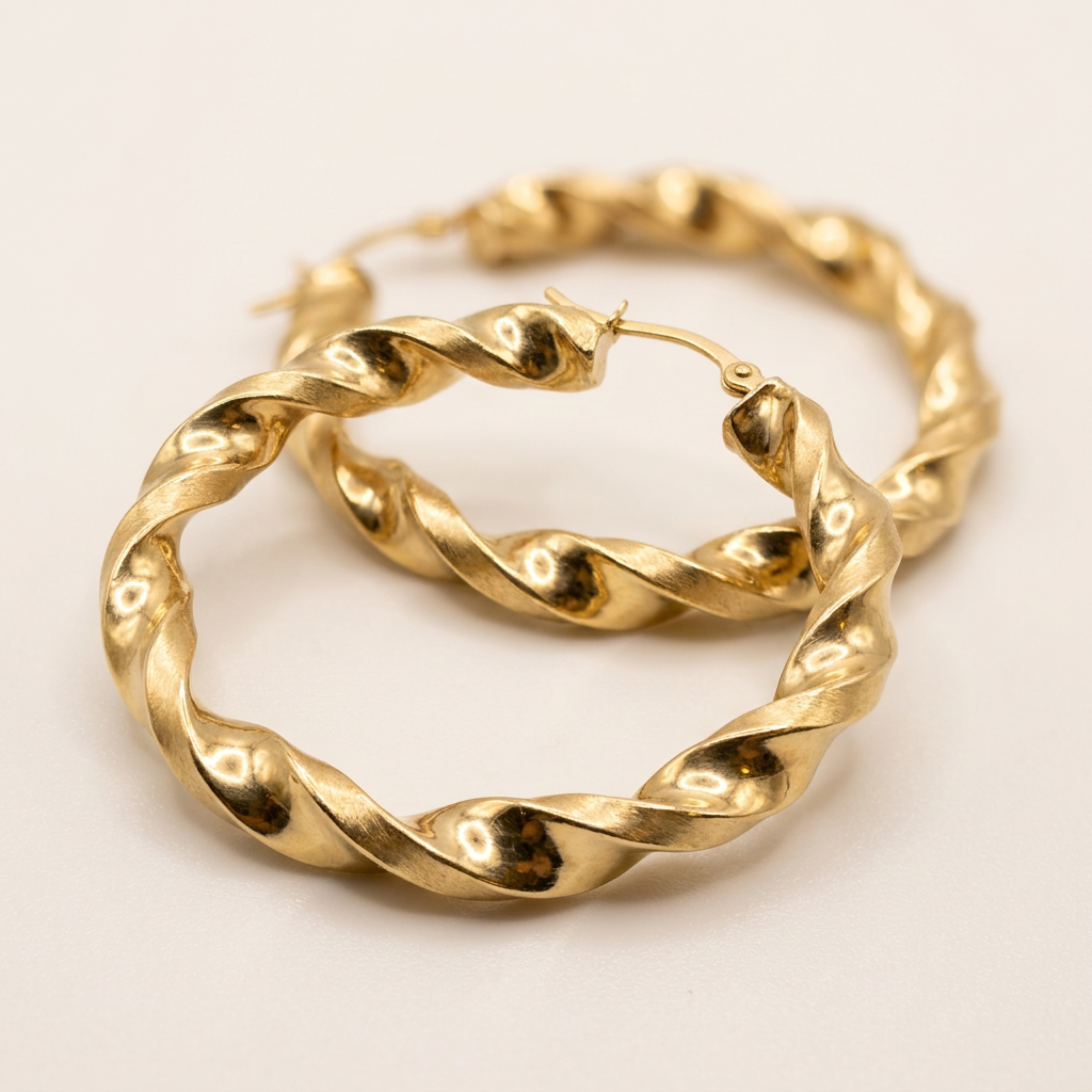Close-up of sculptural twisted gold hoop texture