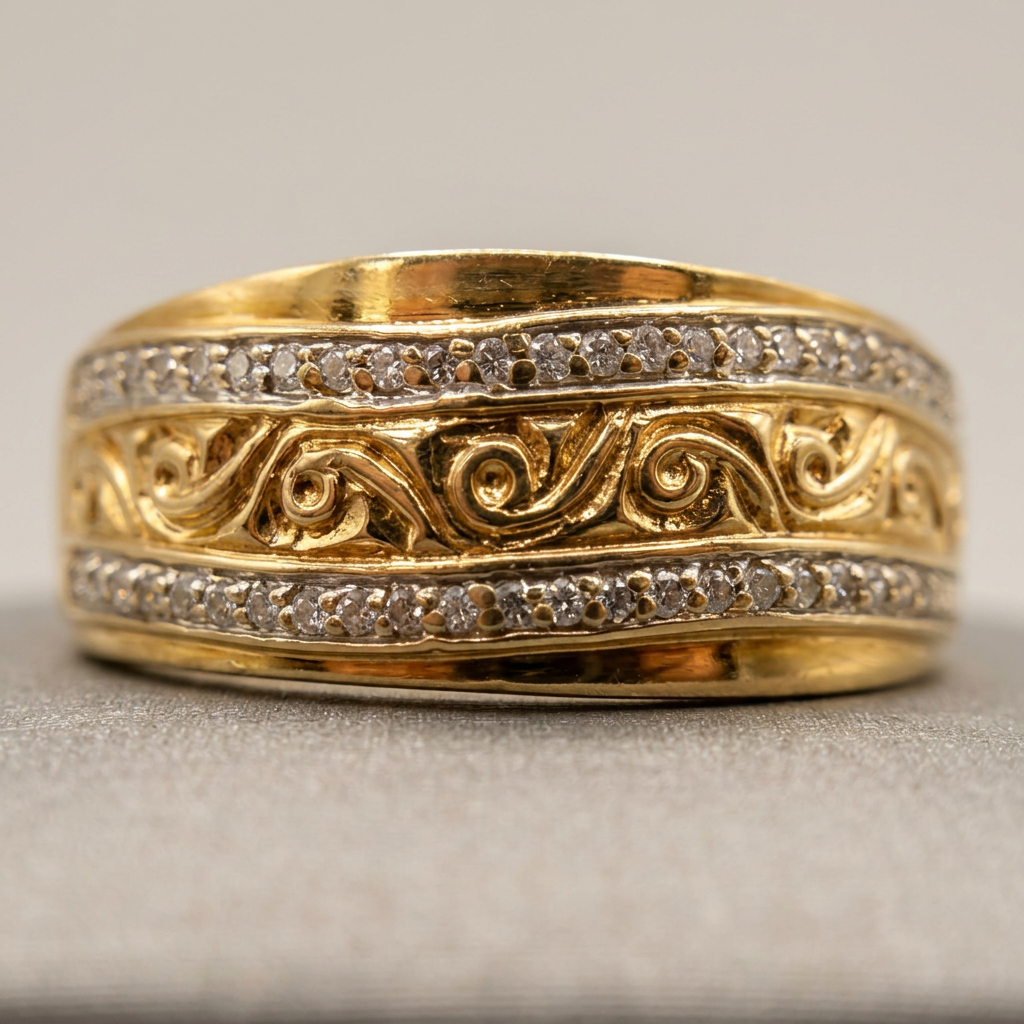 Close-up of ornate gold scrollwork between two rows of cubic zirconia