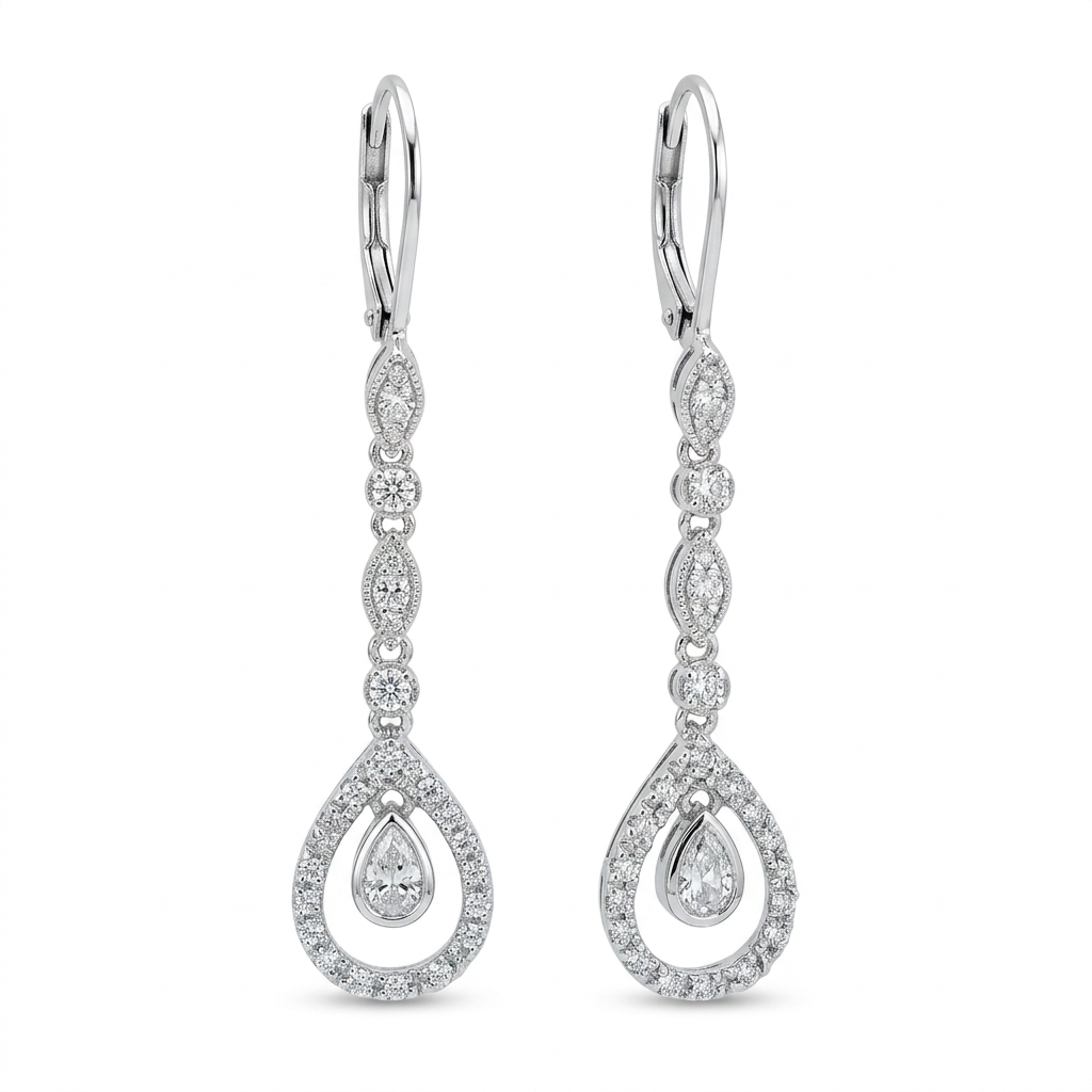 10K white gold diamond teardrop dangle earrings, front view