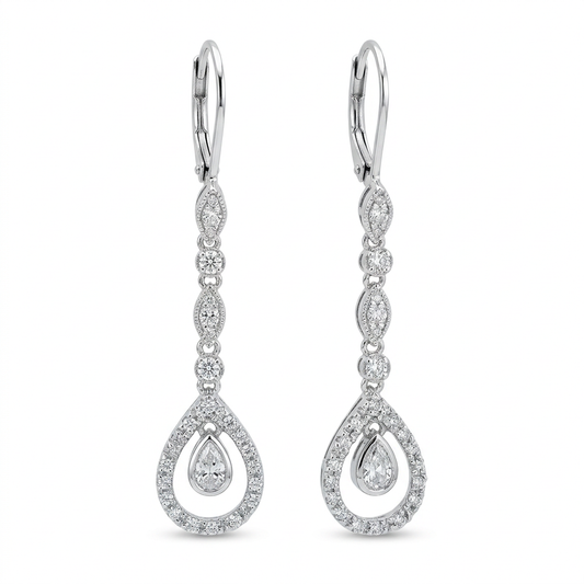10K white gold diamond teardrop dangle earrings, front view