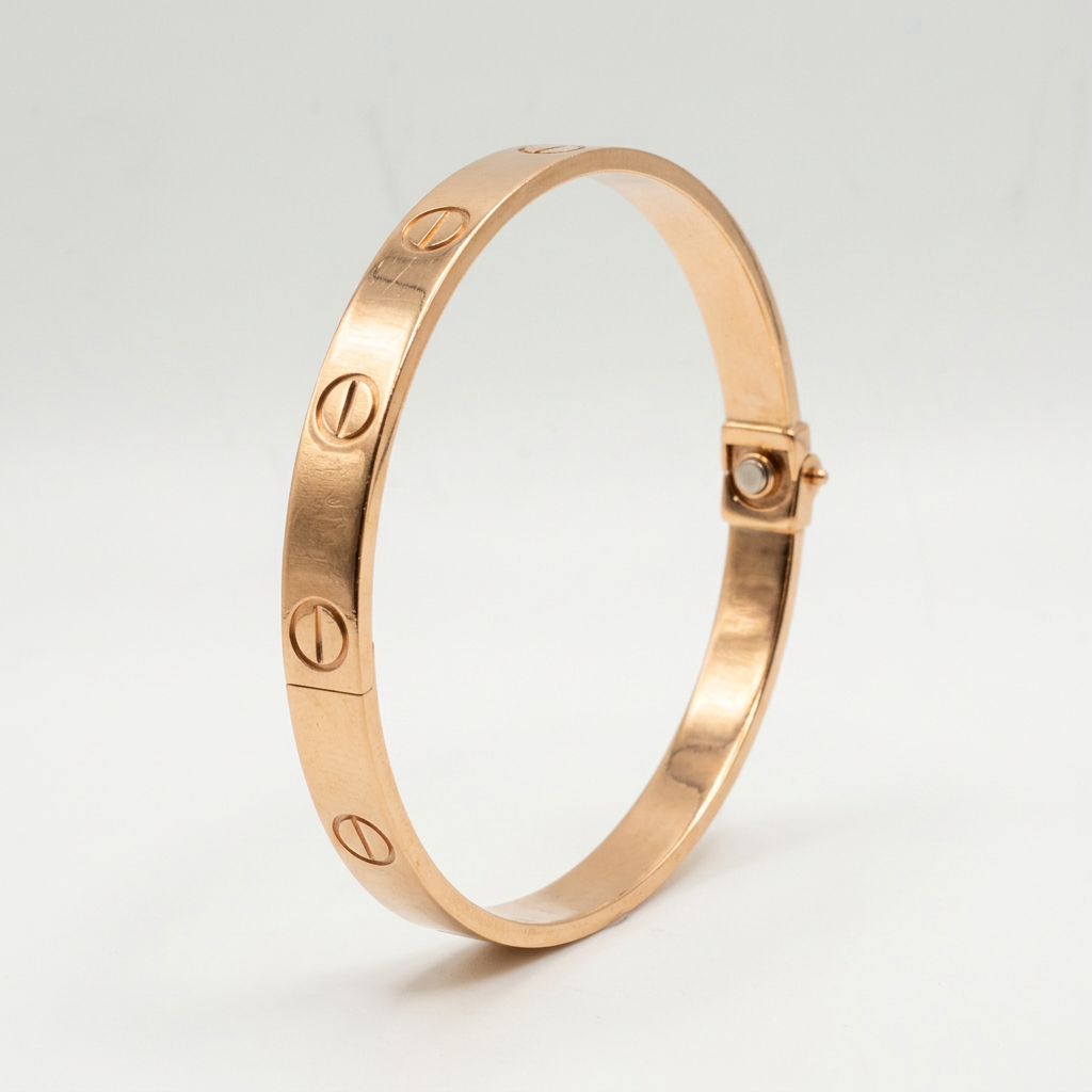 R207 14K rose gold screw-motif bangle in three-quarter studio view